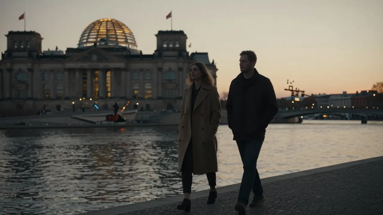 Two people walking peacefully along the Spree River at sunset, the Reichstag glowing behind them.