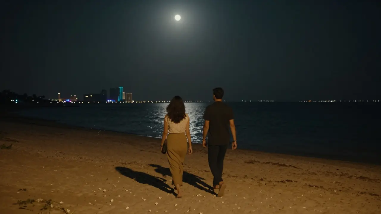 Two silhouettes walk along a coastal path at midnight, moonlight reflecting on water as jasmine scents the air.