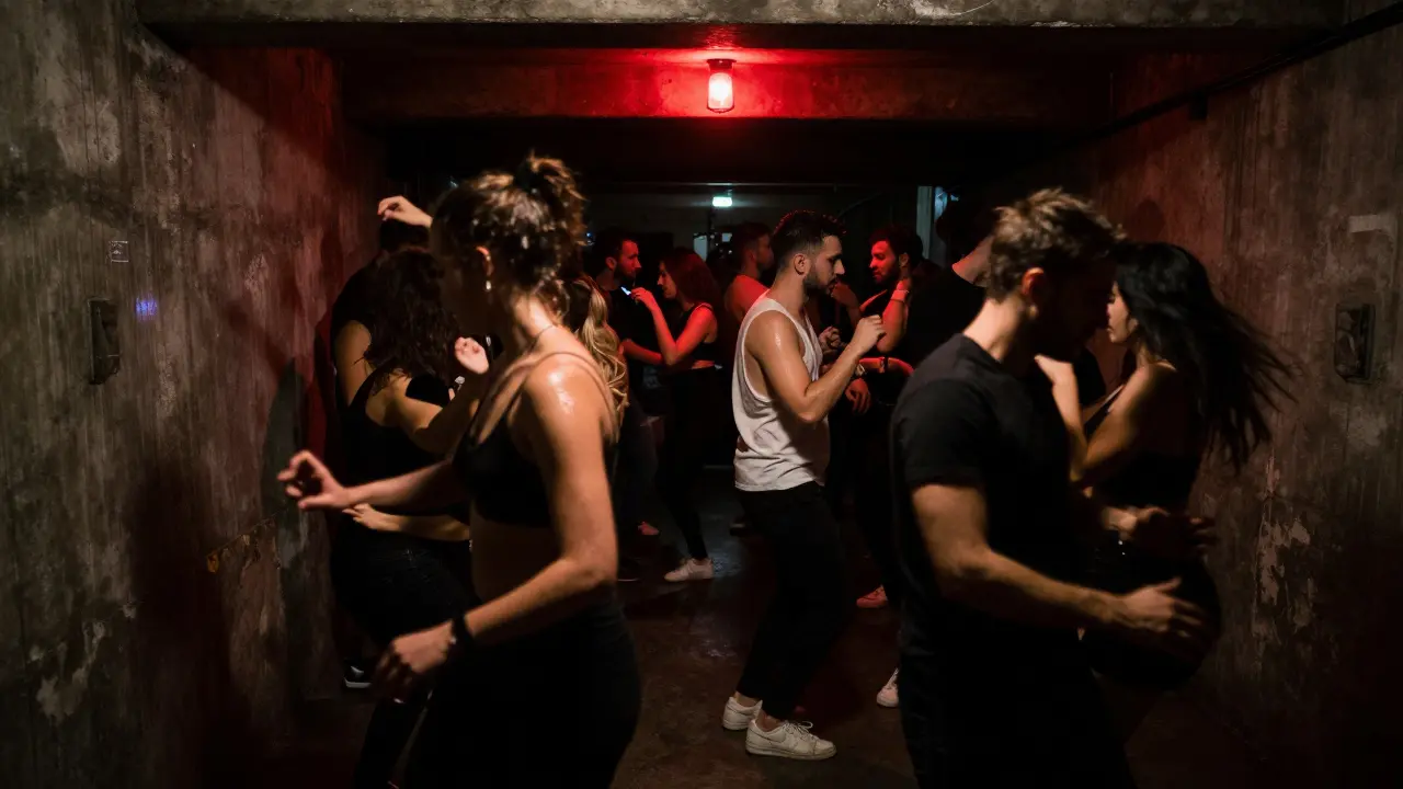 Underground club in Karaköy with dancers under red lighting and vibrating floor.