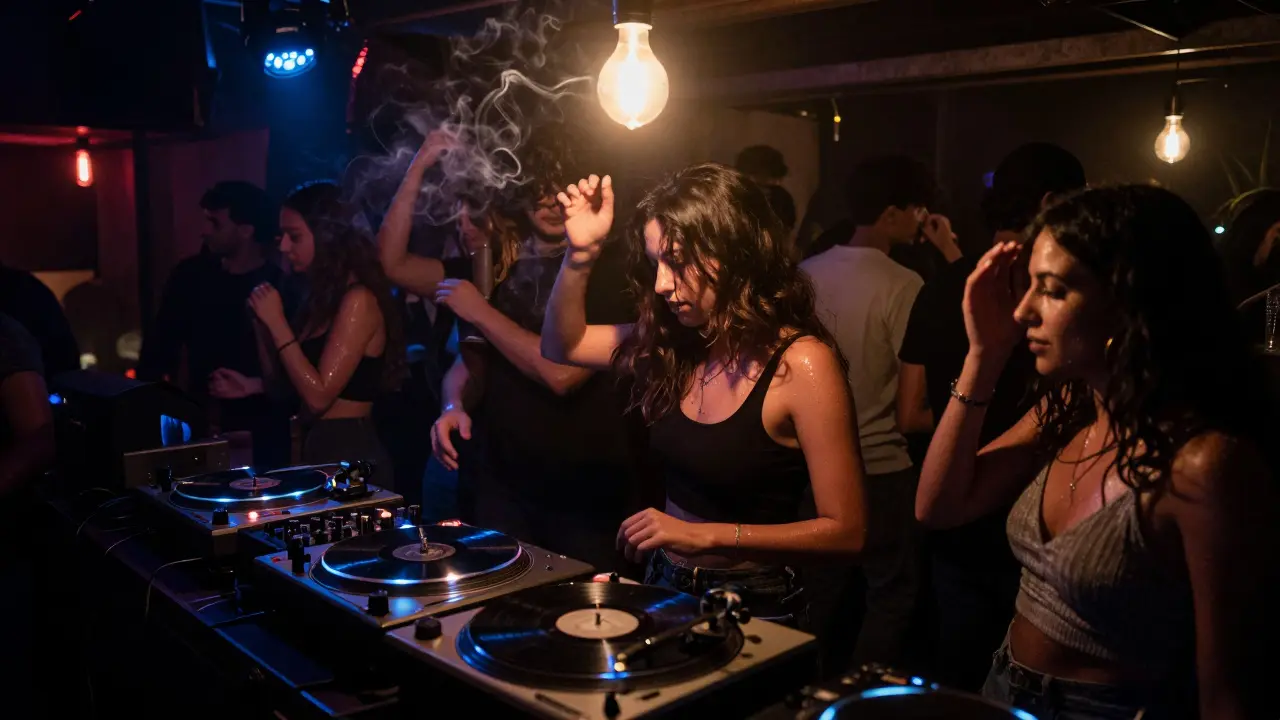 Underground club in Karaköy with pulsing lights and dancers lost in music, no phones visible.
