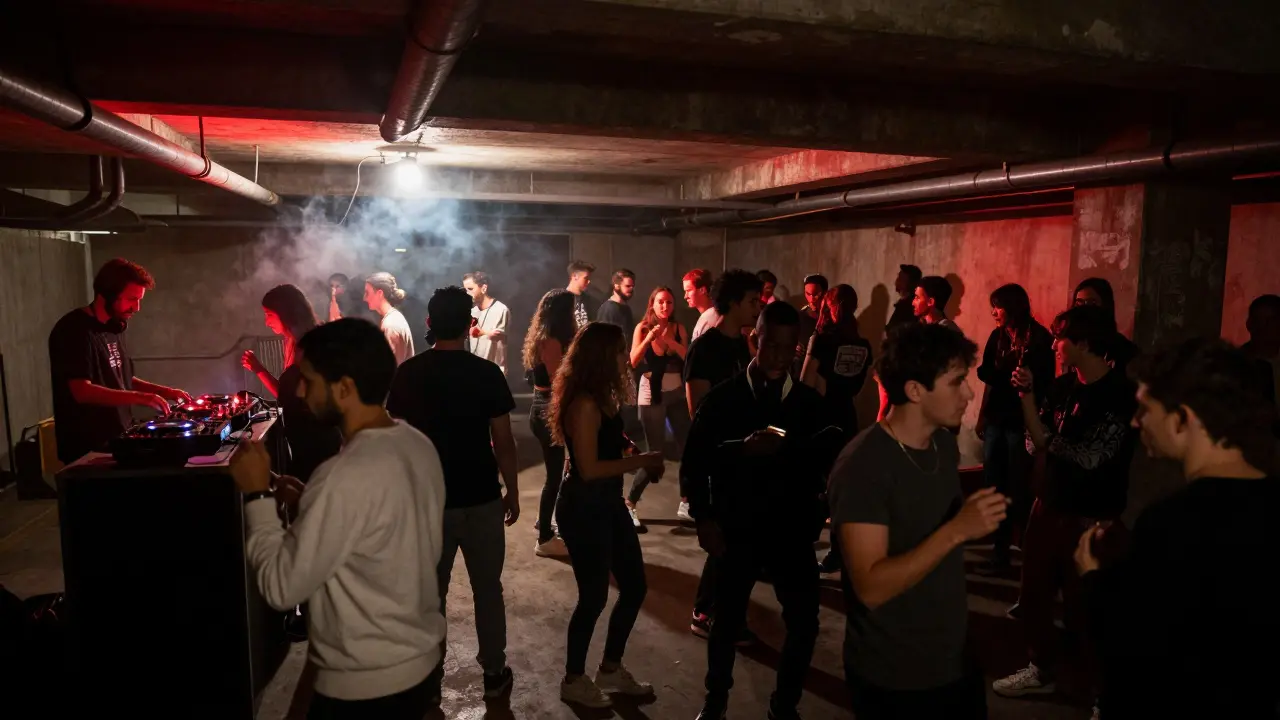 Underground club La Scala with crowd dancing in dim red light, concrete walls, no signage.
