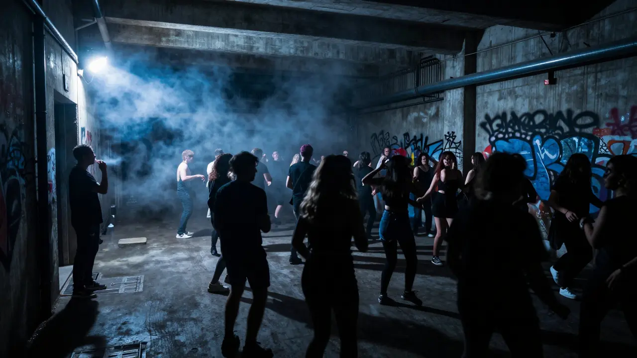 Underground nightclub in Paris with a crowded dance floor and dim strobe lighting.