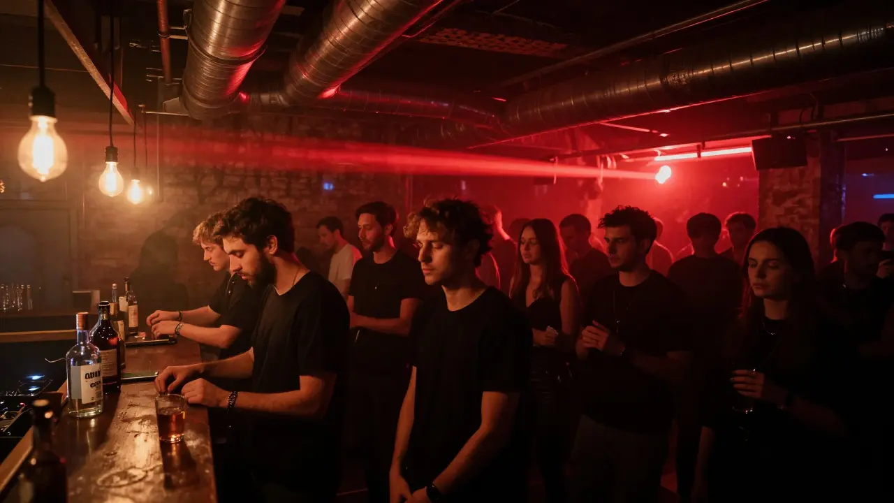 Underground techno crowd in a warehouse with red strobe lights and intense atmosphere.