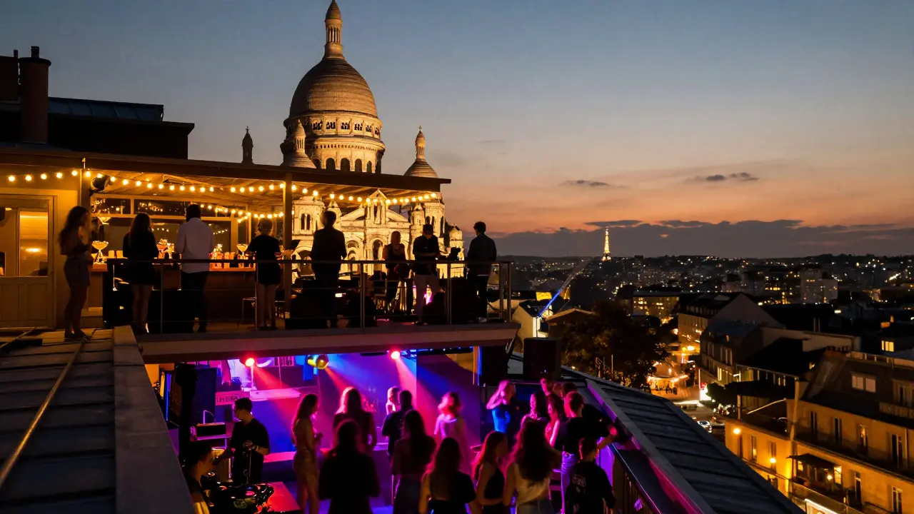 A bustling Paris rooftop bar at night with people dancing below and the Eiffel Tower glowing in the distance.