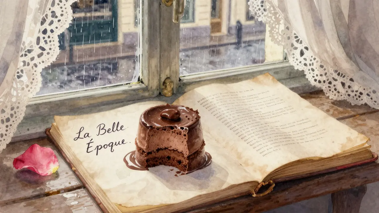 A chocolate mousse with a rose petal and handwritten note beside a worn French poetry book in quiet morning light.