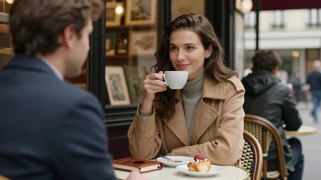 A companion and client share a quiet moment at a Parisian café, surrounded by books and art galleries.