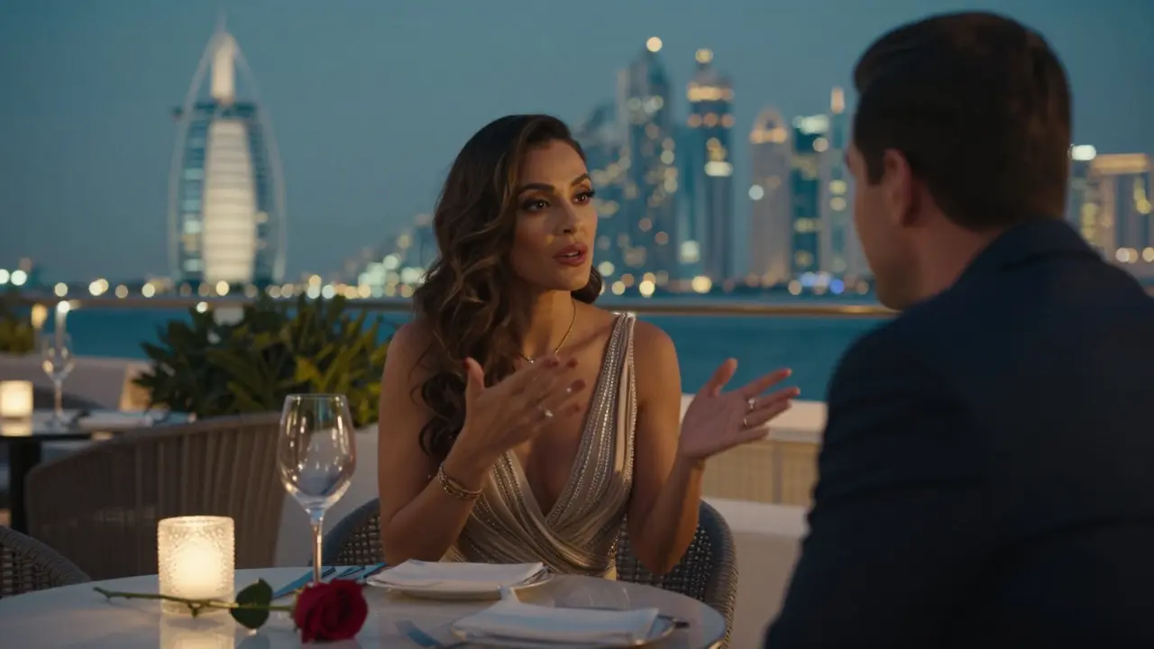 A couple enjoying a private rooftop dinner with Dubai skyline in the background.