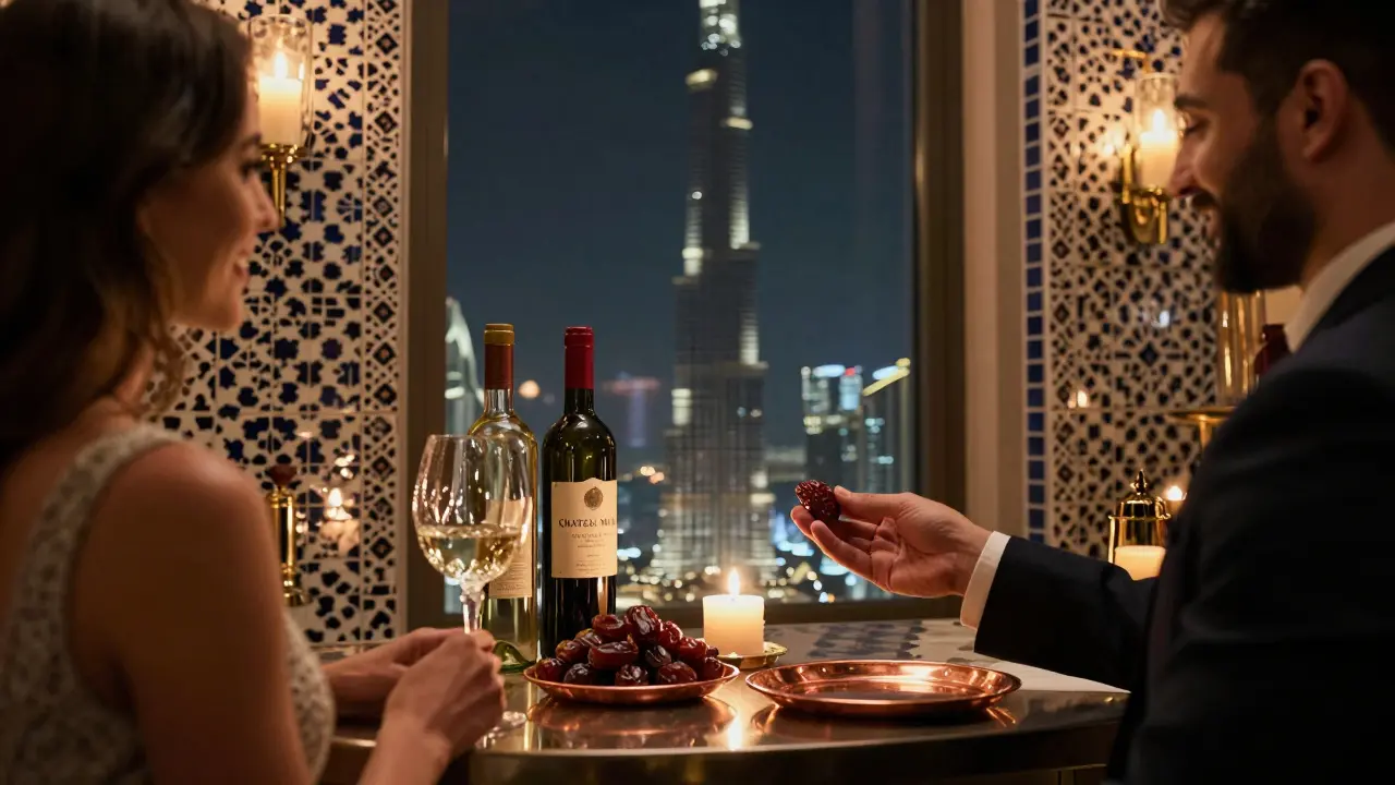 A couple enjoying wine and dates with the Burj Khalifa glowing in the background at a hidden rooftop bar.