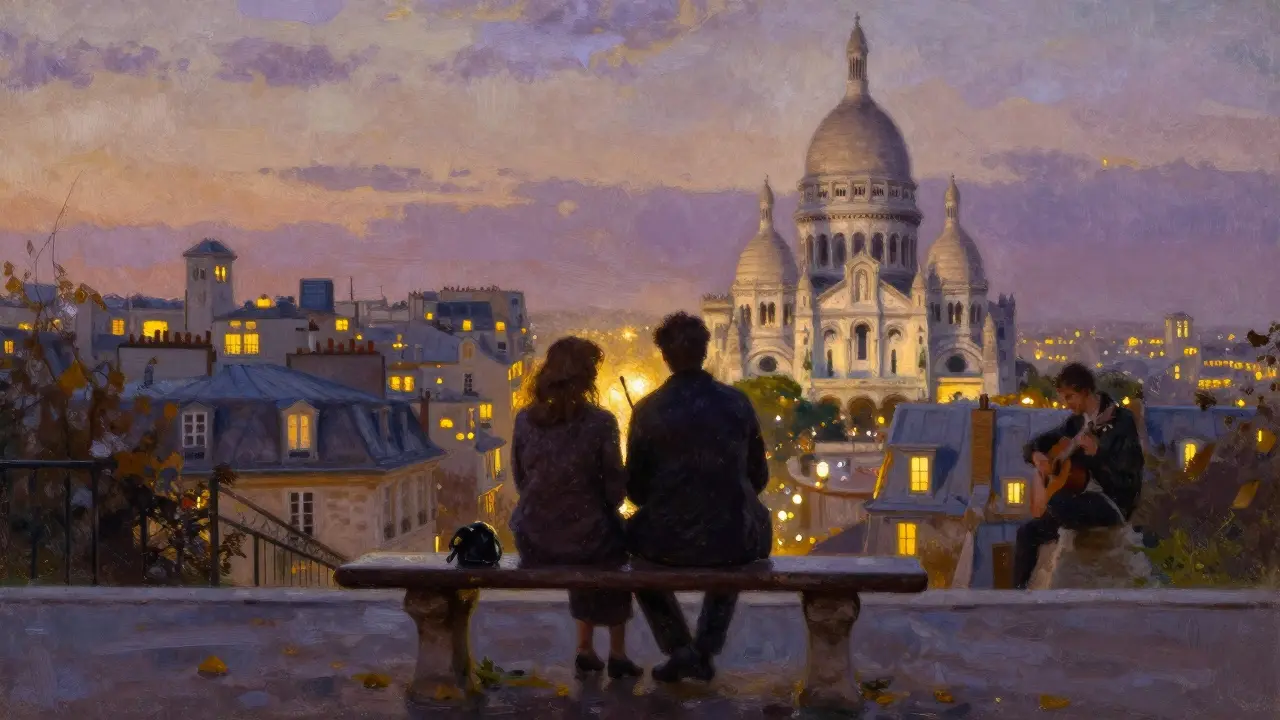 A couple sits on Montmartre steps at sunset, silhouetted against a glowing Paris skyline as music plays softly.