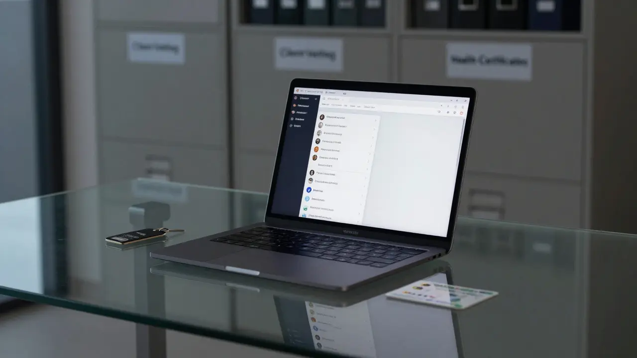 A discreet Dubai agency office with encrypted devices and client verification documents.