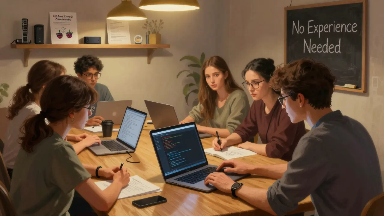 A diverse group helping someone debug code at Bar Zino’s Open Source Clinic, screens glowing warmly in a quiet pub setting.