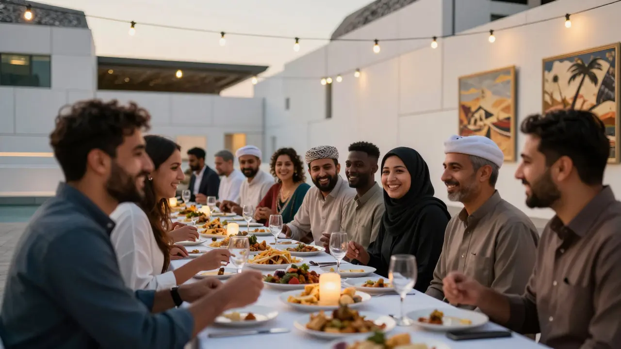 A group of expats and locals enjoy a cultural dinner under string lights at Louvre Abu Dhabi, sharing conversation and food.