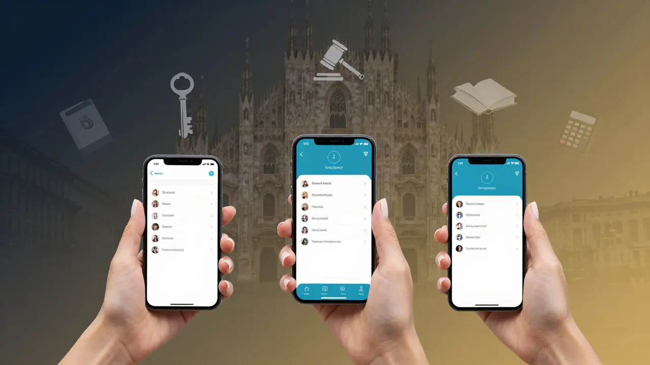 A hand holding three phones with encrypted apps, surrounded by symbolic icons of power and privacy.
