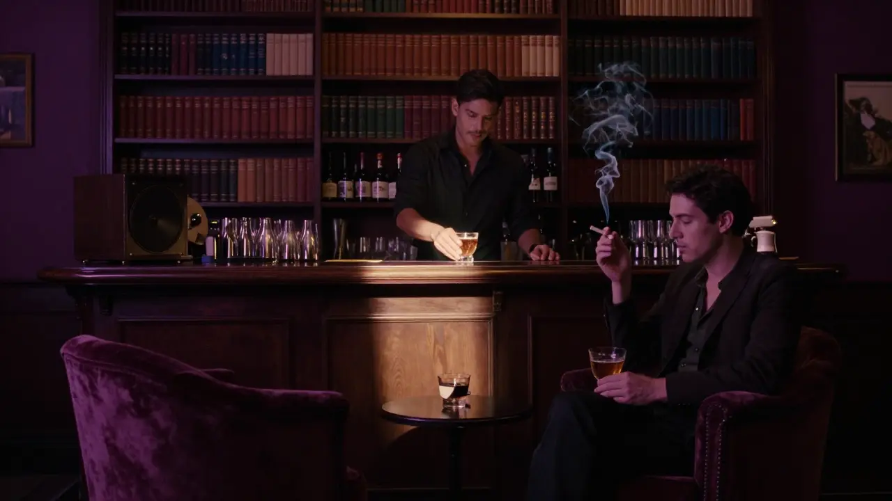 A hidden speakeasy with velvet chairs and dim jazz lighting, a bartender mixing a cocktail behind the bar.