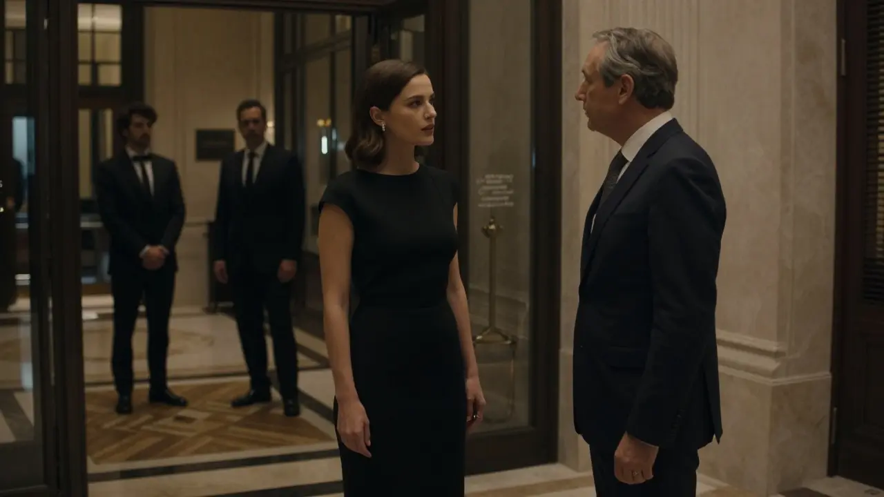 A high-end escort in a black dress calmly interacting with a client in a luxury hotel lobby.