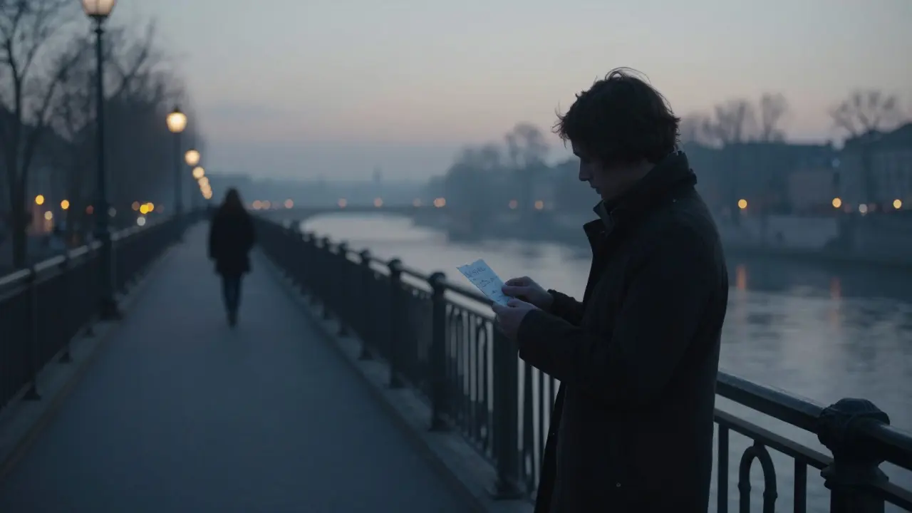 A lone figure stands on a Seine bridge at dawn, holding a note as a companion walks away into the mist.