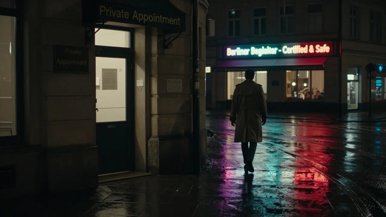 A lone person walking away from a dim doorway at night in Berlin, with a glowing sign for a certified companion service in the distance.