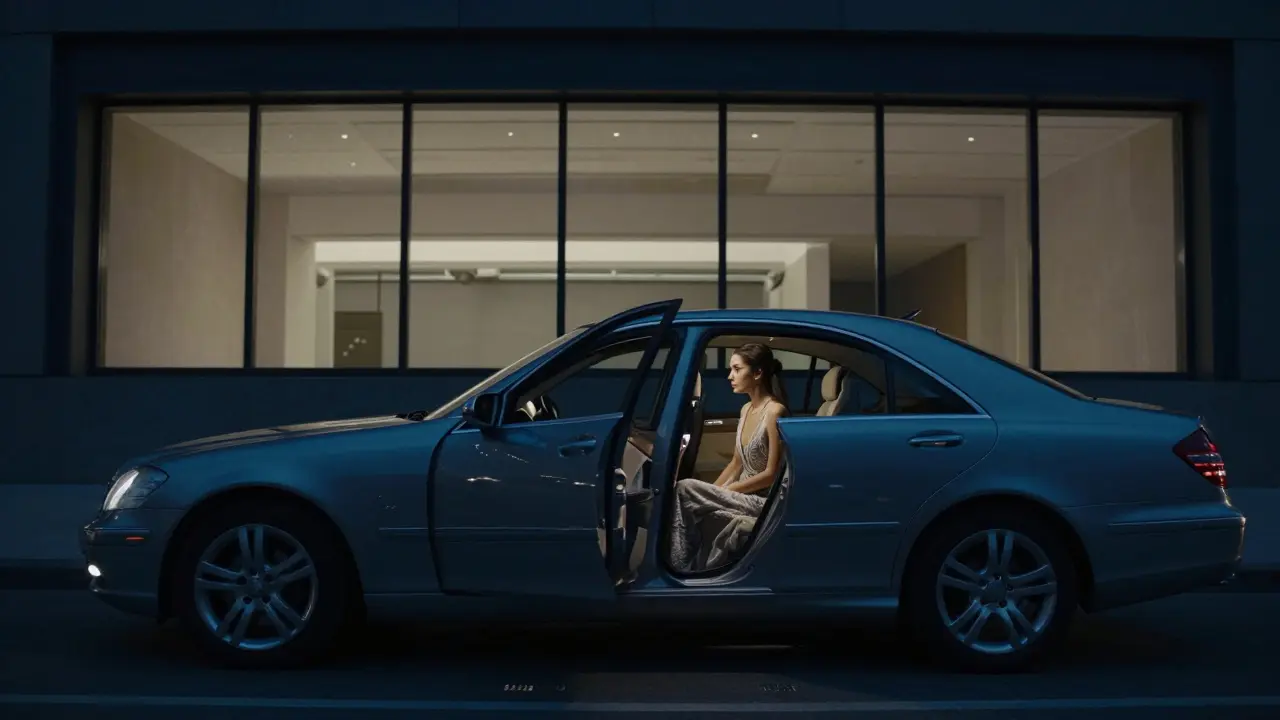 A luxury Mercedes waiting outside Dubai Opera, a refined woman inside, embodying quiet sophistication.