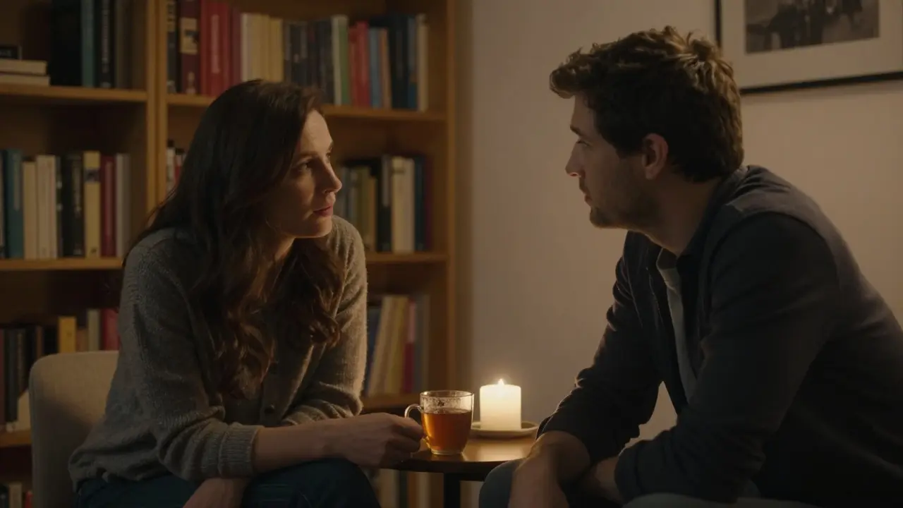 A man and woman engage in quiet, respectful conversation in a softly lit apartment, focused on connection.
