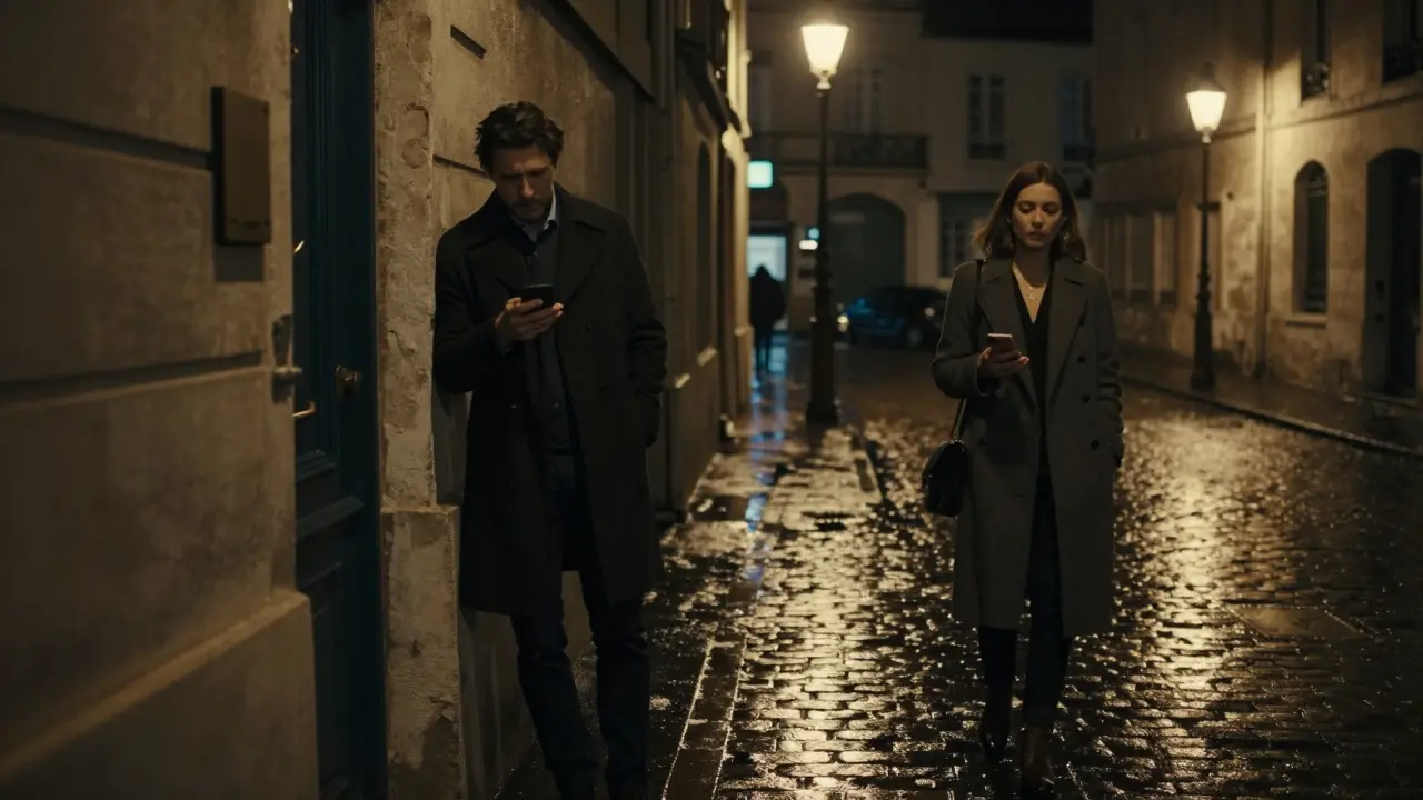 A man hesitates outside a discreet Paris entrance as an escort walks away into the night, no contact made.