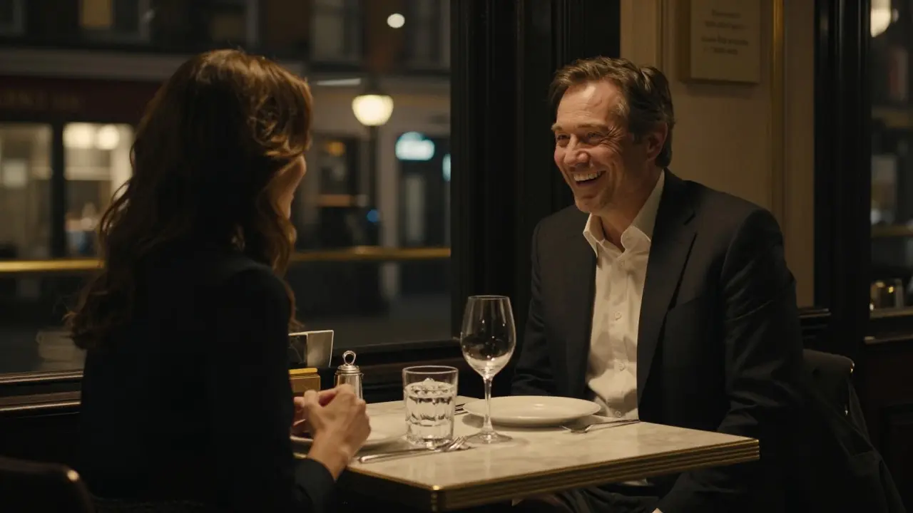 A man laughs gently with a companion over dinner in a London restaurant, surrounded by the glow of city lights.
