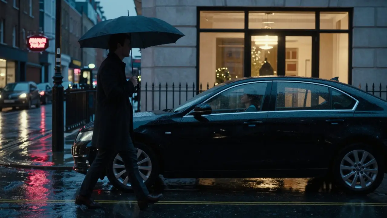 A man walks alone in the rain as a woman watches from a parked car, symbolizing quiet emotional connection.