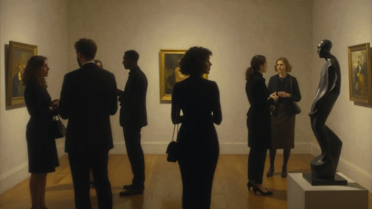 A poised woman engages in thoughtful conversation at an art gallery opening in Mayfair.