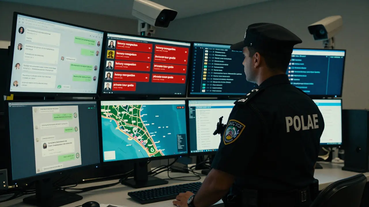 A police officer monitors digital surveillance screens displaying suspicious messages and transactions in a cybercrime unit.