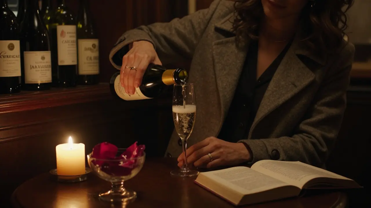 A private wine bar in Paris with candlelight, a bottle of Champagne being poured beside an open poetry book.
