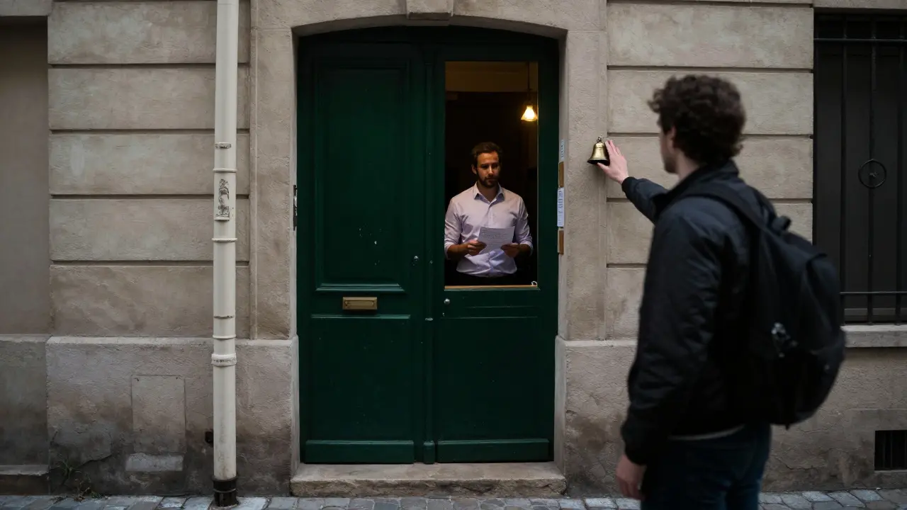 A quiet Paris alley with an unmarked green door and brass bell, hinting at a secret entrance.