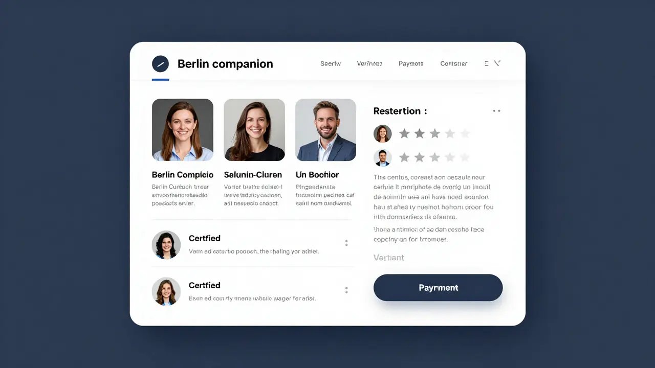A secure online platform interface displaying verified companion profiles with detailed service descriptions and reviews.