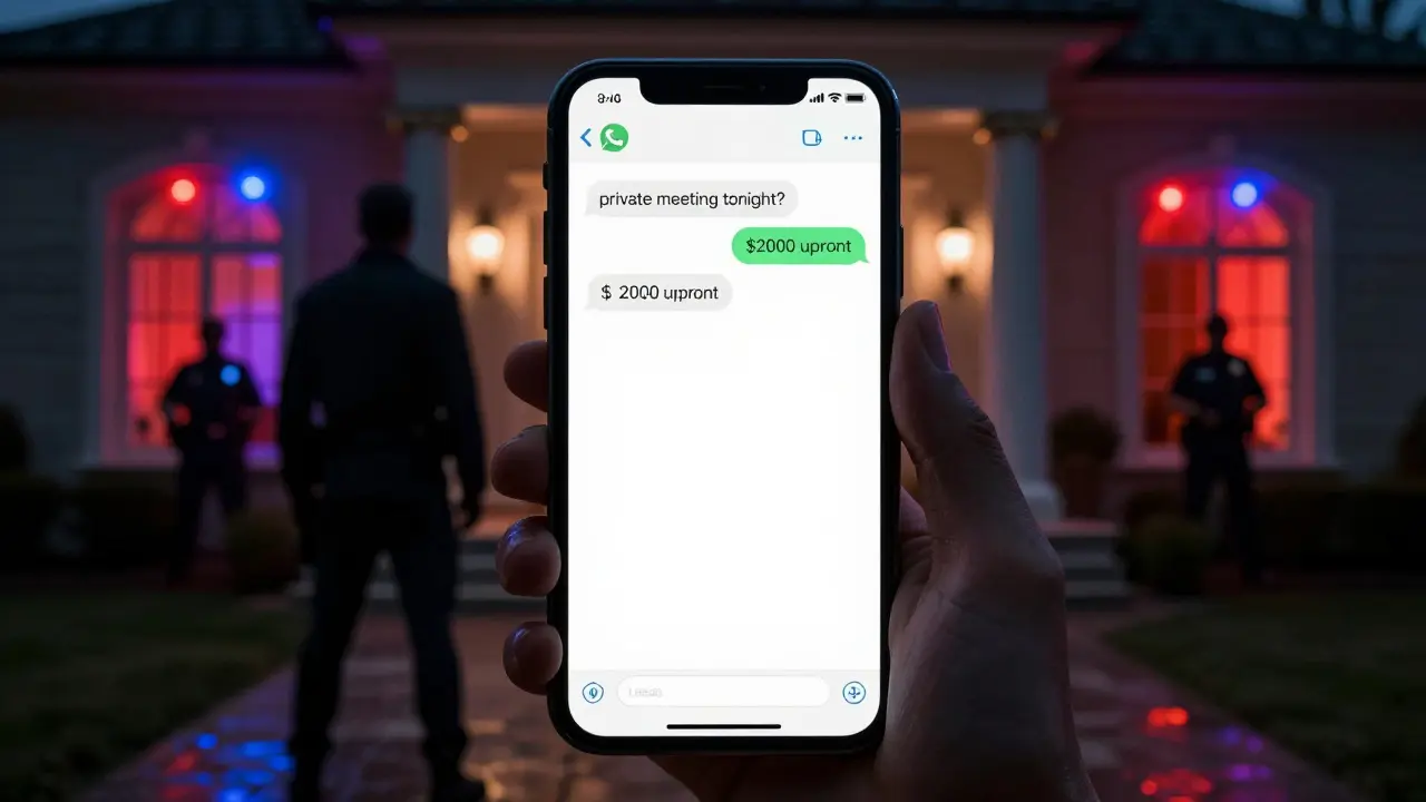 A smartphone displaying suggestive messages about payment, with police lights flashing outside a villa at night.