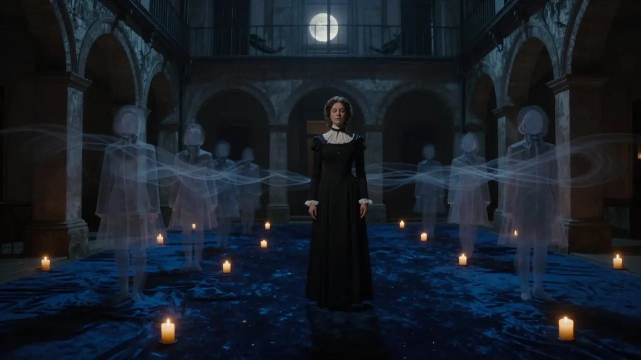 A solitary figure in mourning dress in a hidden courtyard club, surrounded by spectral echoes and crushed velvet under moonless night.