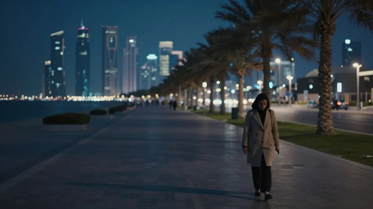 A solitary woman walking alone along Abu Dhabi's Corniche at night, surrounded by calm, empty streets.