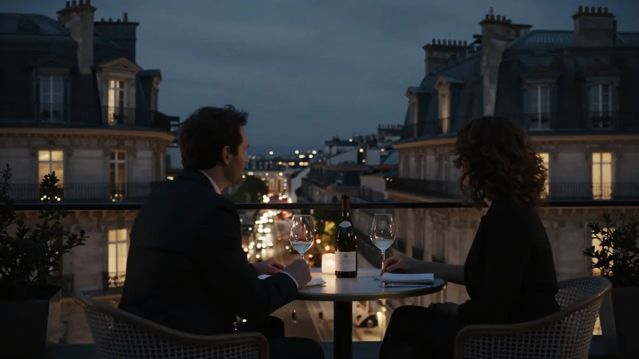 A sophisticated rooftop dinner in Paris with city lights glowing in the background, elegant and discreet.