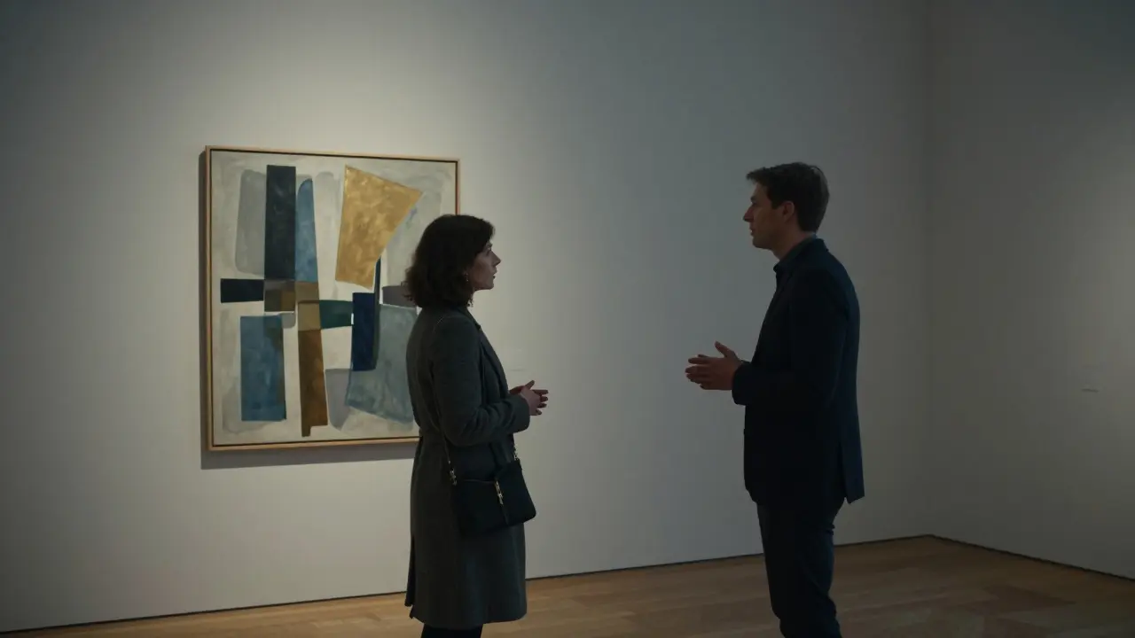 A woman and escort discussing art in a quiet Berlin gallery, bathed in soft gallery lighting.