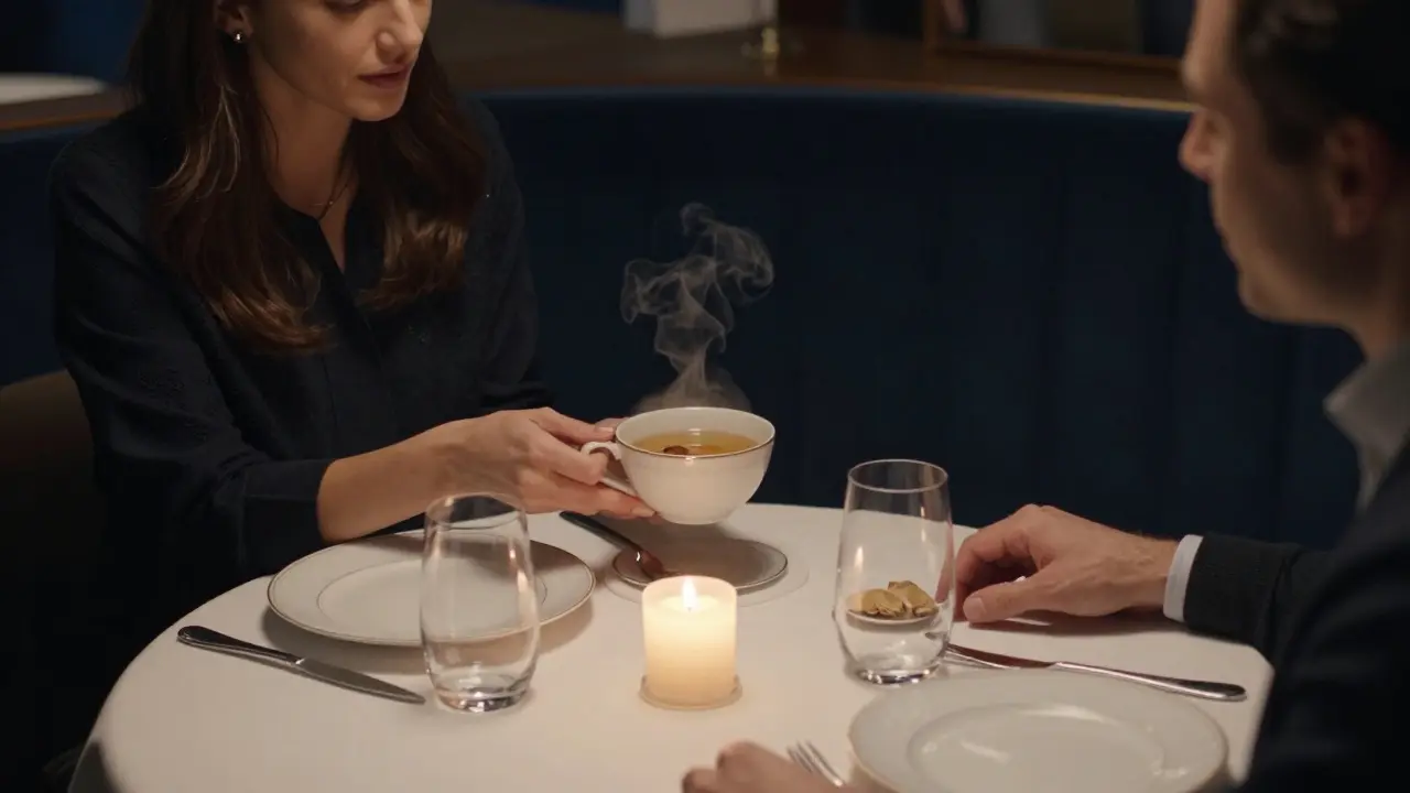 A woman serves ginger tea at a candlelit dinner, evoking quiet care and attentiveness.