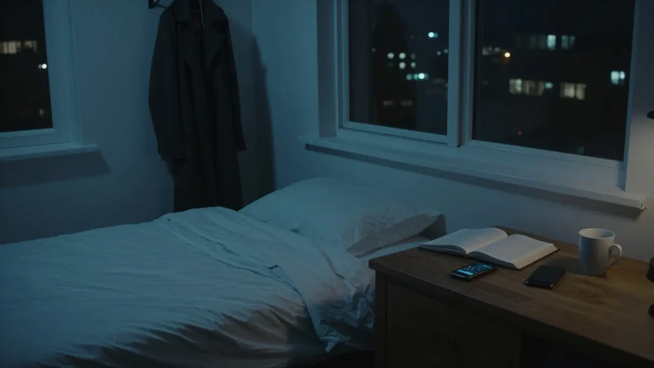 An empty rented room with a journal and burner phone, conveying solitude and privacy after a meeting.