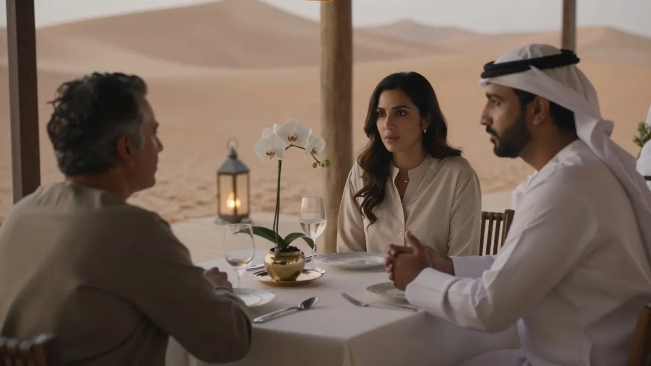 An intimate private dinner in the desert, with a thoughtful companion and client sharing quiet conversation.