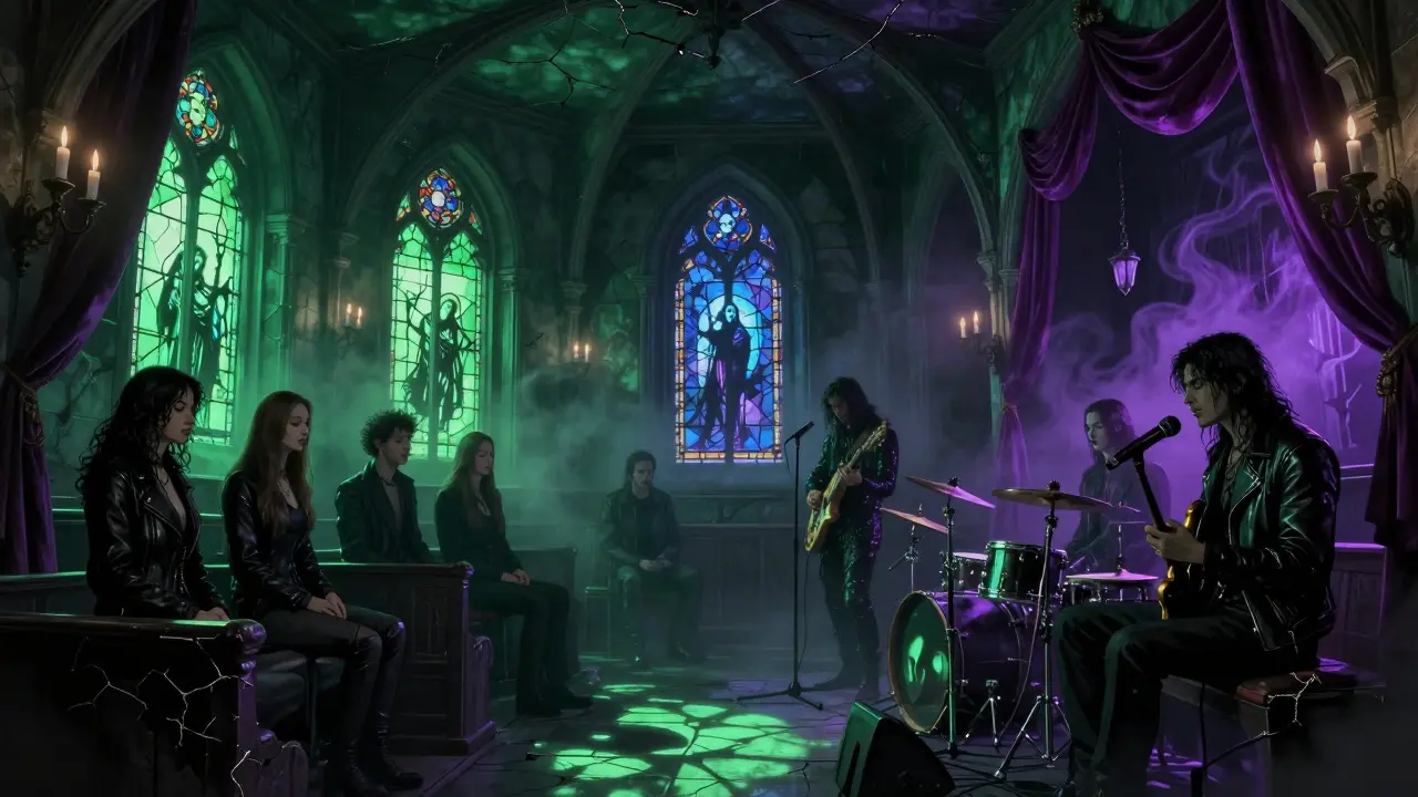 An old Parisian chapel turned gothic nightclub, with UV-lit stained glass casting ghostly glows on a quiet crowd.
