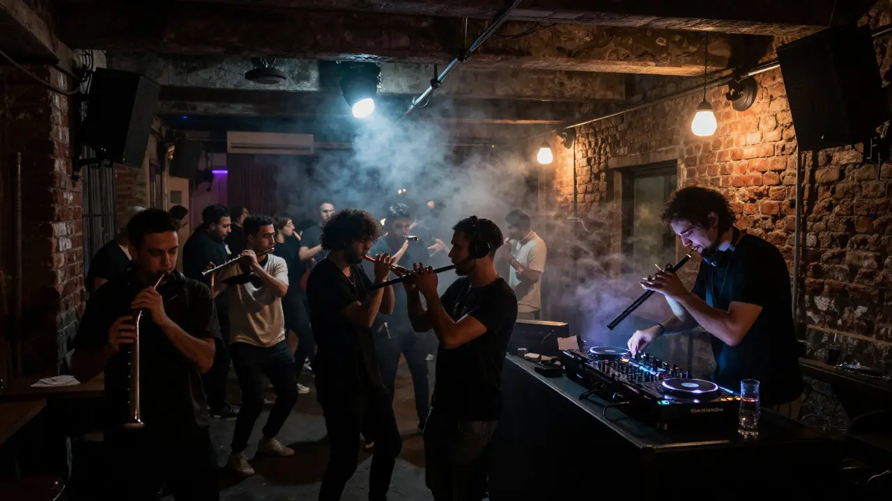 An underground club in Karaköy where dancers move to techno mixed with traditional ney flute music in a dim, smoky warehouse.