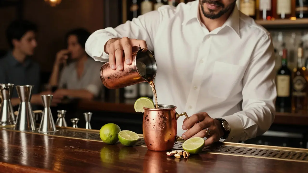Bartender pouring a signature cocktail with date syrup and spiced nuts behind a polished bar.