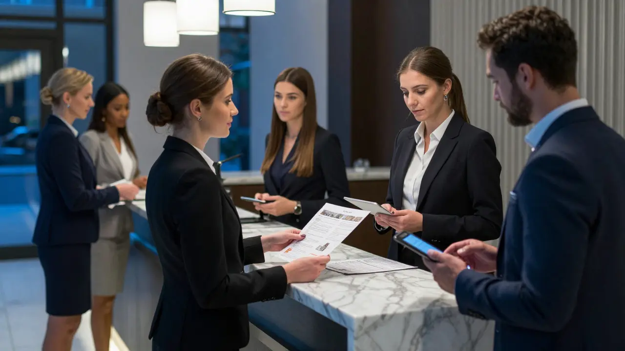 Clients and escorts meeting professionally in a luxury Berlin hotel lobby, exchanging itineraries and confirmations.