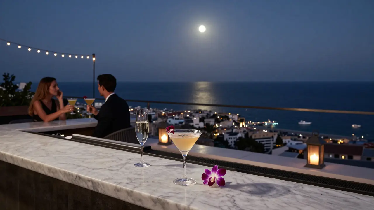 Couples sipping cocktails on a quiet rooftop terrace overlooking the Mediterranean