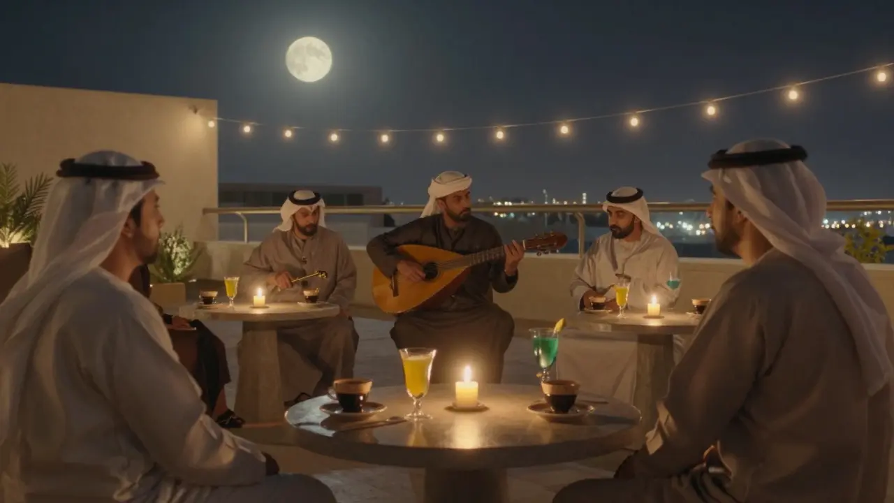 Cultural rooftop with live oud music and candlelit tables under moonlight.