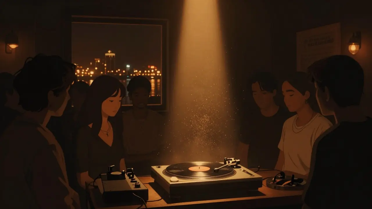 DJ spinning vinyl in dim, intimate Hudson nightclub with harbor lights visible through window