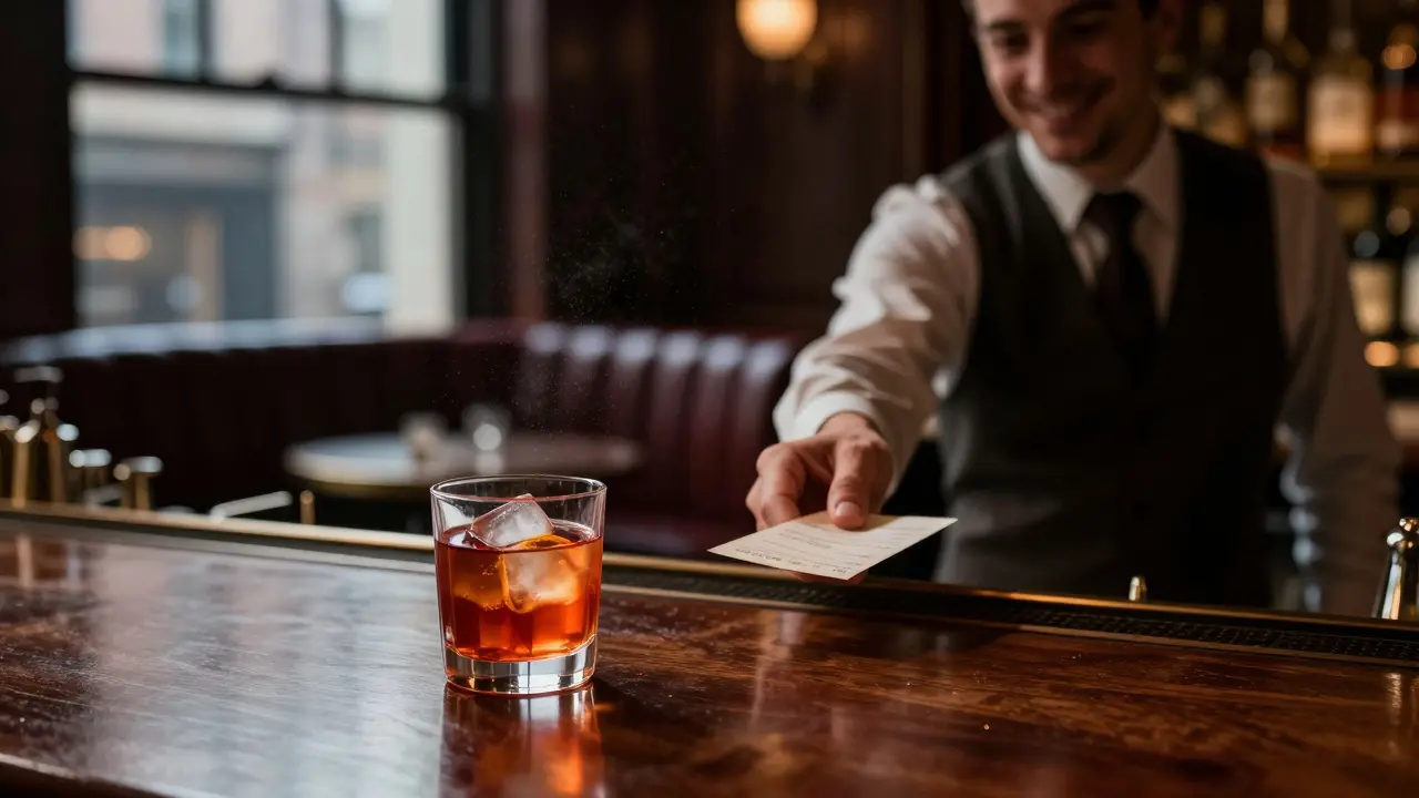 Elegant 4 a.m. bar scene with a Negroni on a mahogany counter, quiet and softly lit.