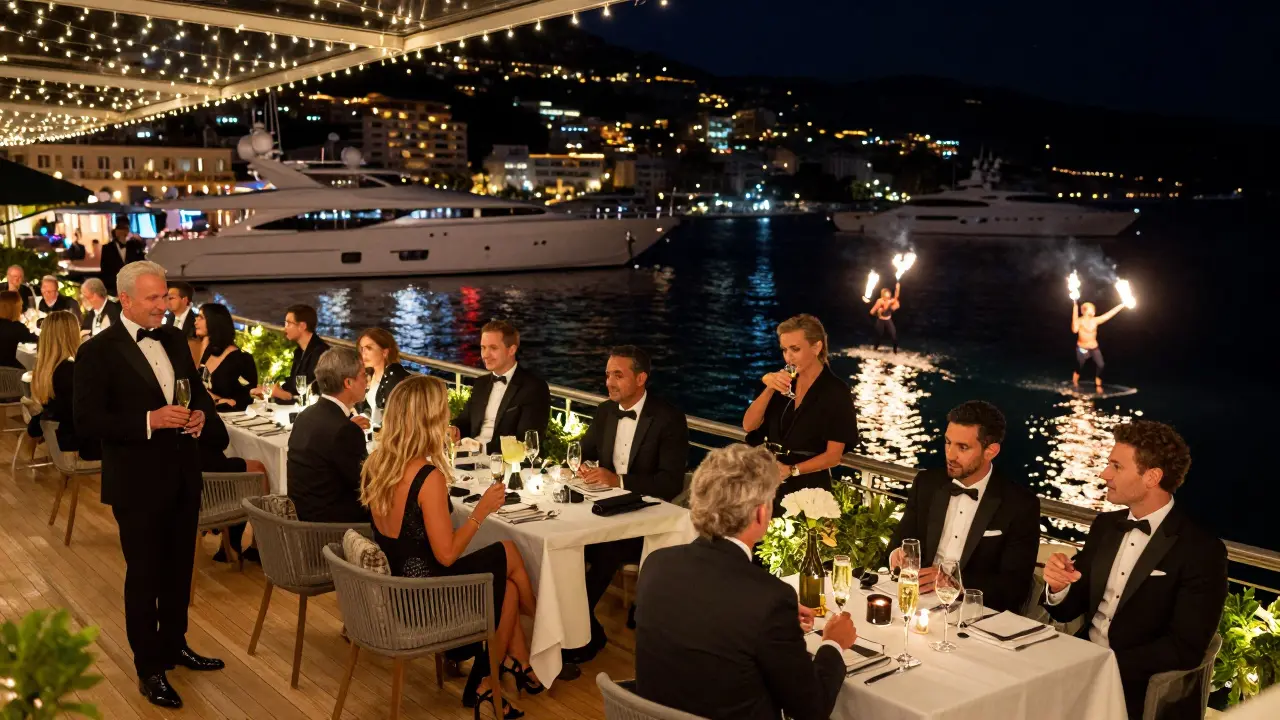 Elegant guests at Yacht Club terrace overlooking Monaco’s marina, fire dancers and live musicians under sparkling lights, luxury yachts reflected on water.