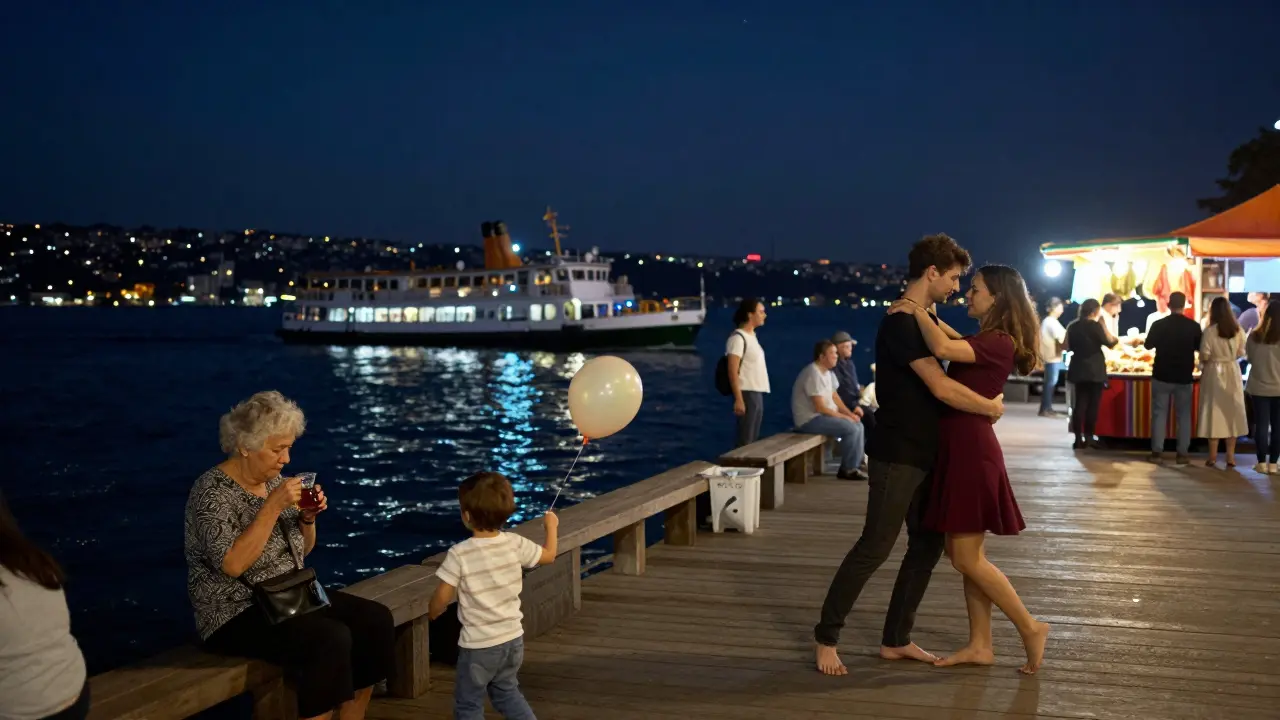 Generations gathering on Ortaköy pier at midnight, watching ferry lights reflect on the Bosphorus.