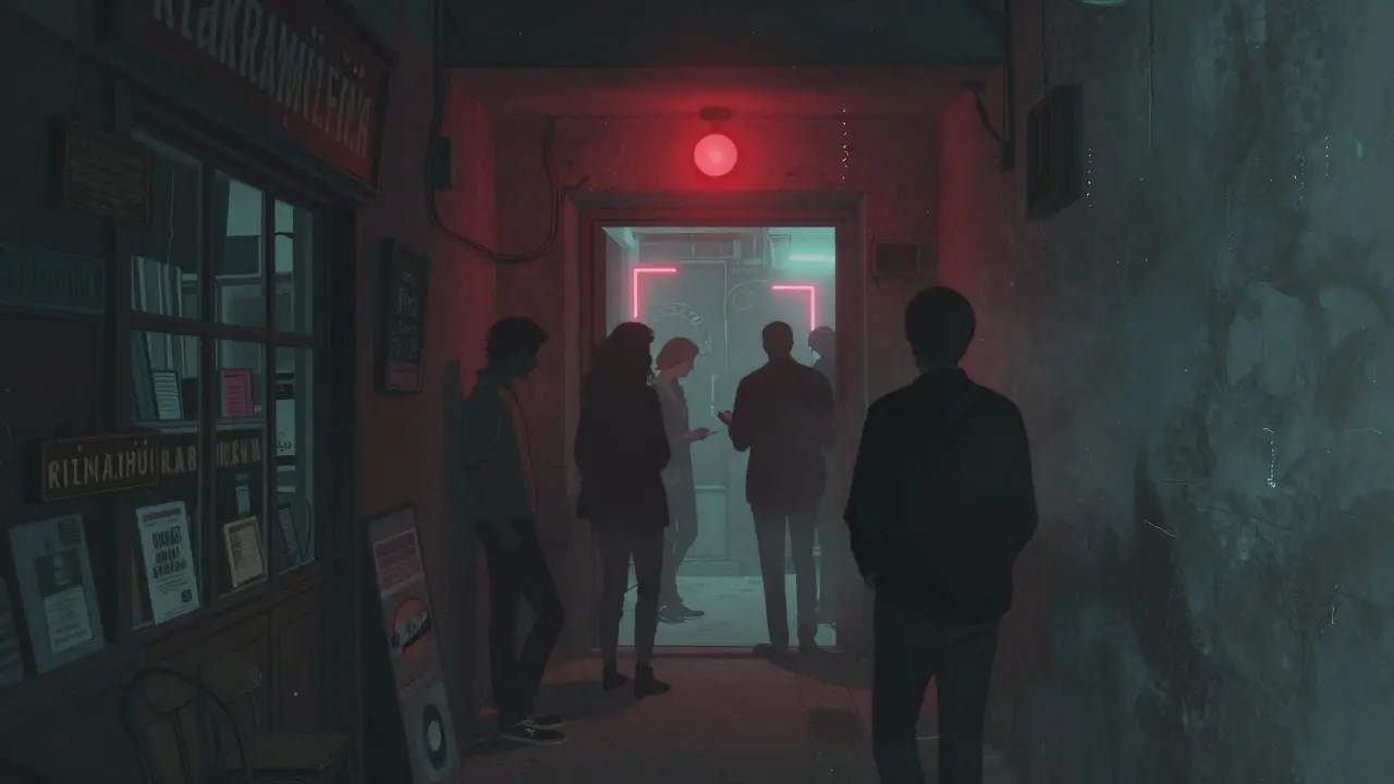 Hidden basement jazz bar in Karaköy with a single red light above the door, artists entering through a narrow alley.